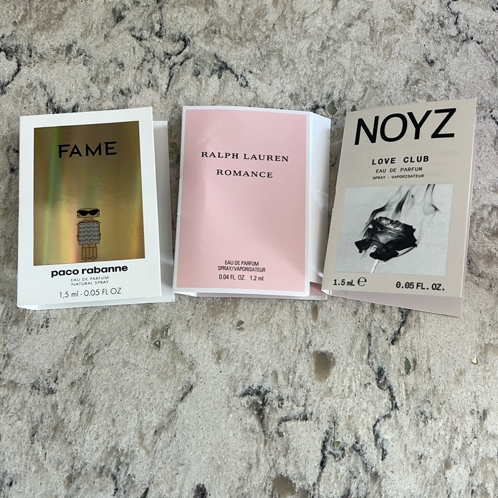 4/$14 Fragrance Sampler, Paco Rabanne Fame, Ralph Lauren Romance, Noyz Love Club